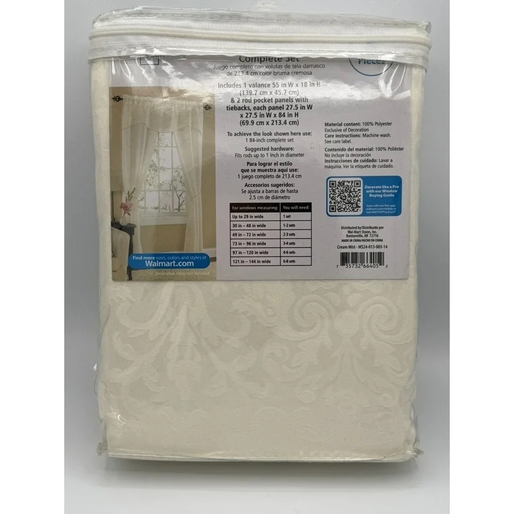Mainstays 84 Inch Curtain Set Cream Mist Damask Scroll 5 Piece Window Panels New